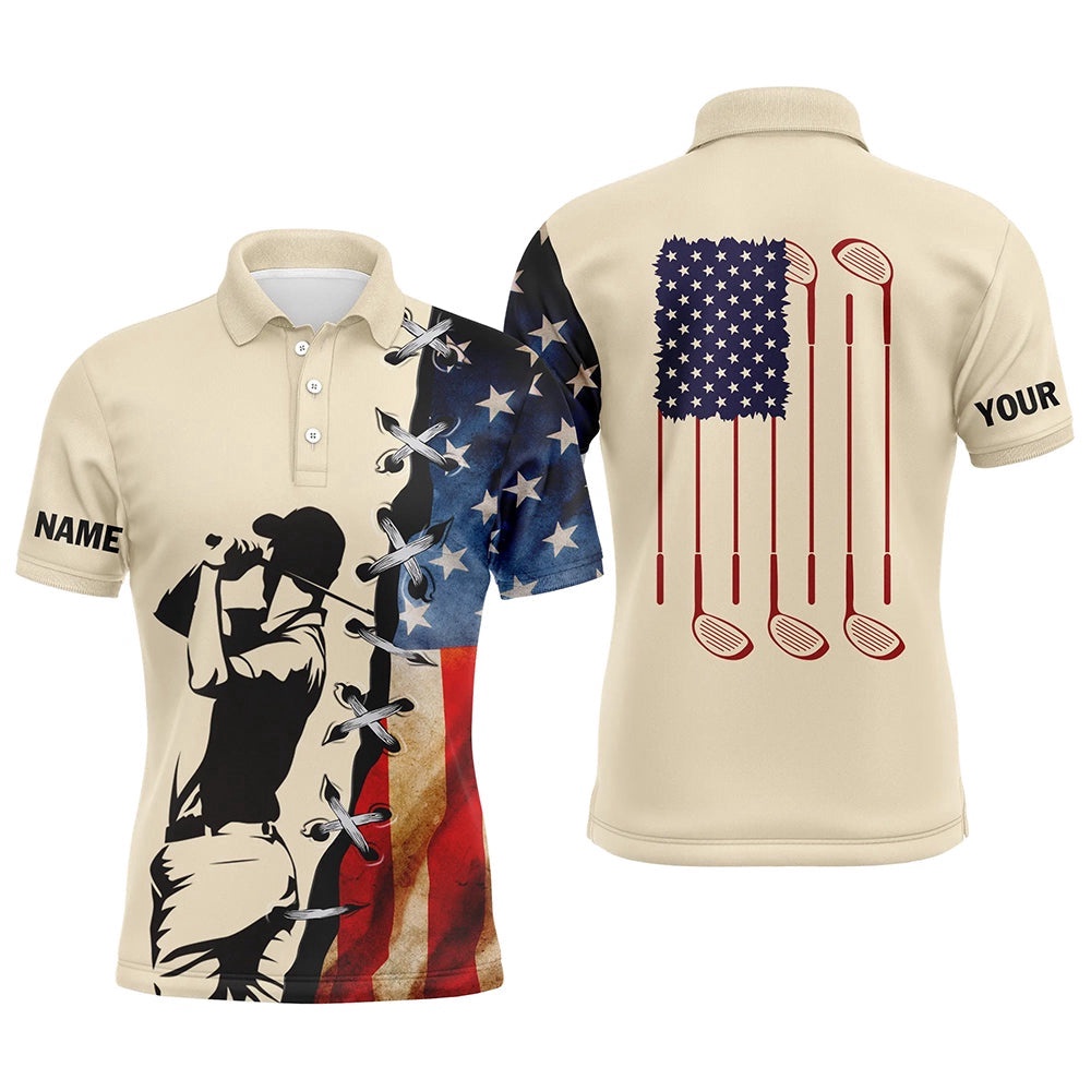 Vintage American Flag Men’s Golf Polo Shirts Custom Name Golf Clubs Patriotic Team Men’s Golf Shirt, Golf Polo Shirt, Golf Shirts