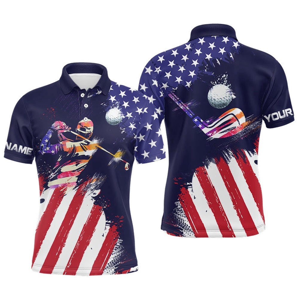 Watercolor American Flag Men’s Personalized Patriotic Golf Shirts For Men, Golf Polo Shirt, Golf Shirts