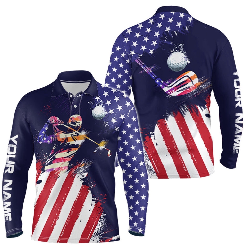 Watercolor American Flag Men’s Personalized Patriotic Golf Shirts For Men, Golf Polo Shirt, Golf Shirts
