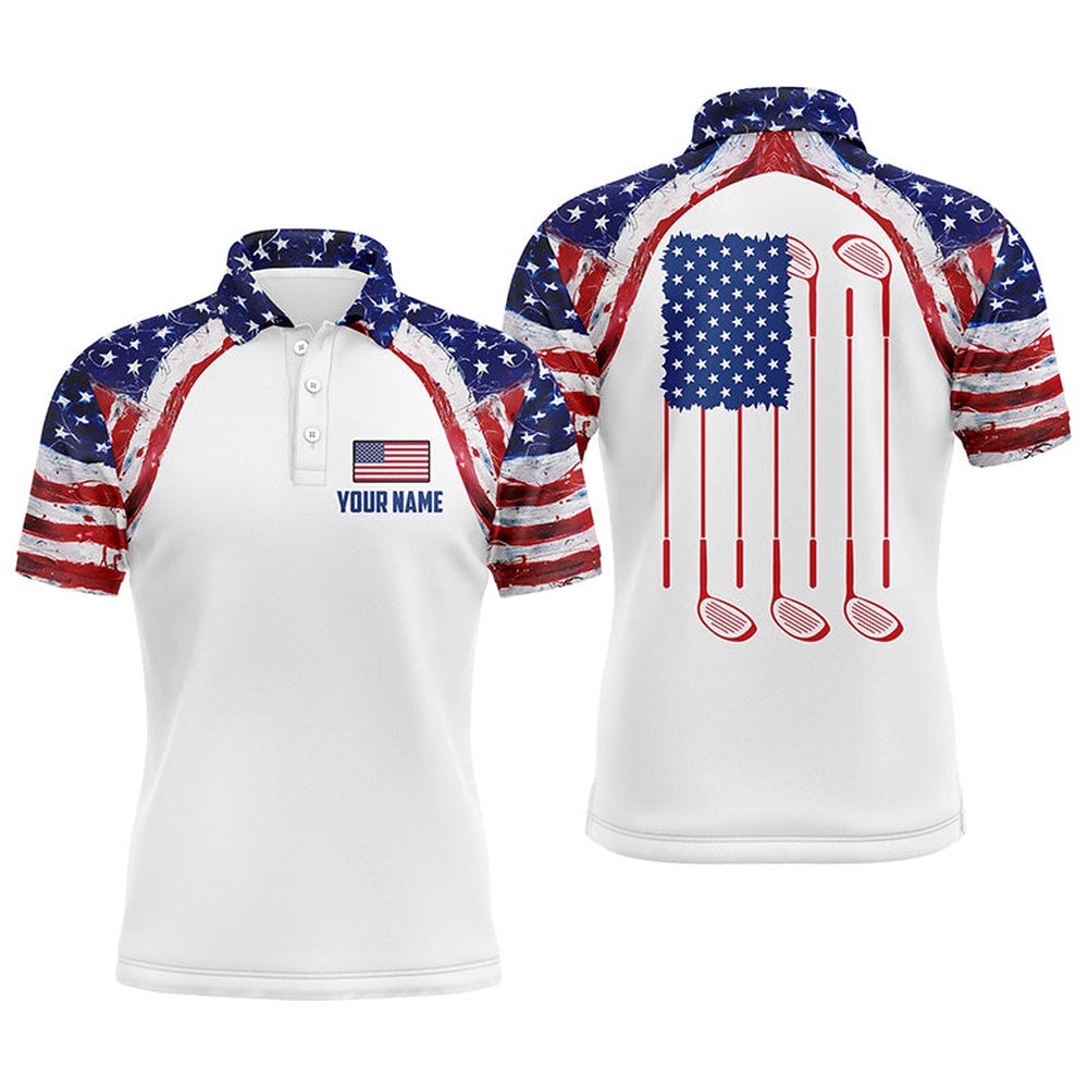 Watercolor American Flag White Men’s Golf Polo Shirt Custom Men’s Patriotic Polo Shirts Golfing Gift, Golf Polo Shirt, Golf Shirts