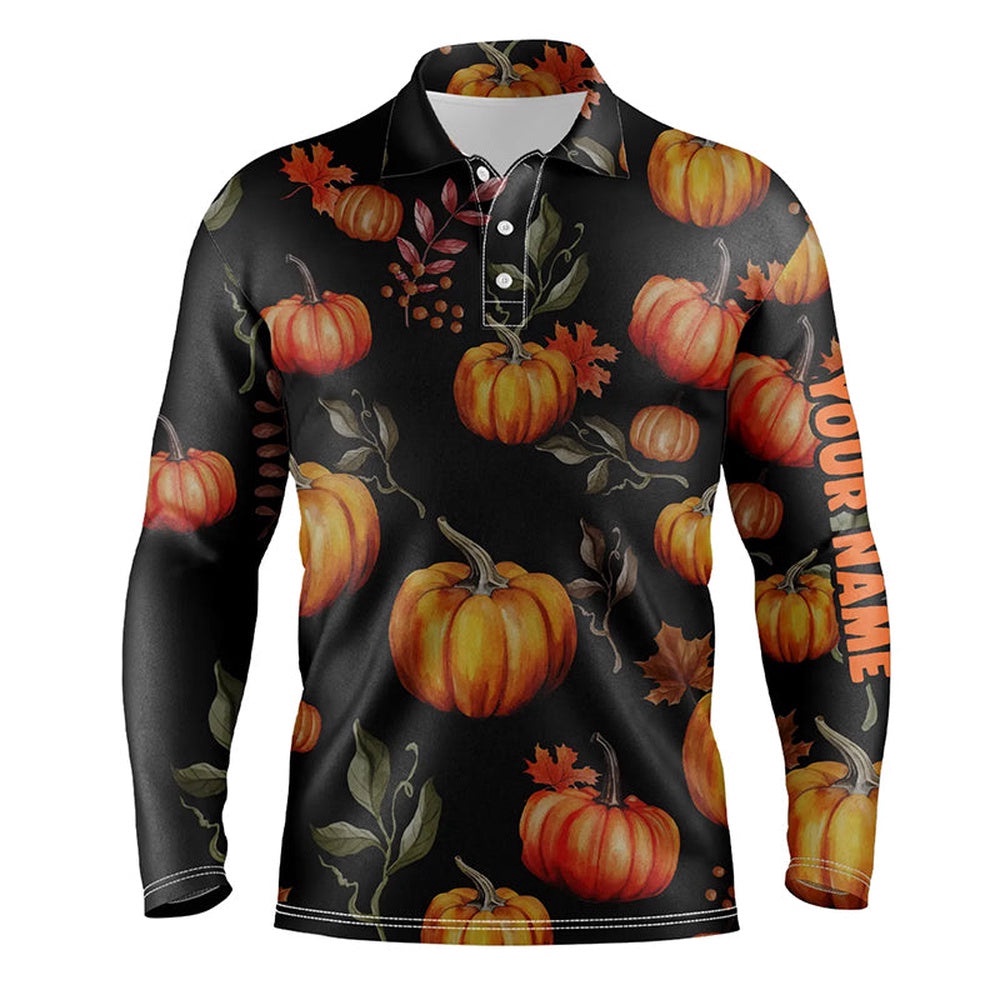 Watercolor Pumpkin Thanksgiving Men’s Golf Polo Shirt Customized Fall Pattern Golf Shirts For Men, Golf Polo Shirt, Golf Shirts