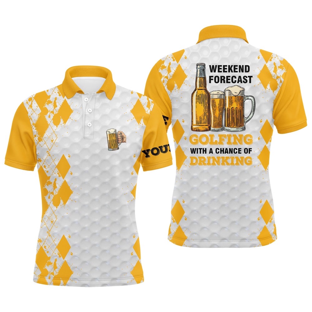 Weekend Forecast Golfing With A Chance Of Drinking Beer Custom Name Funny Men’s Golf Polo Shirt, Golf Polo Shirt, Golf Shirts