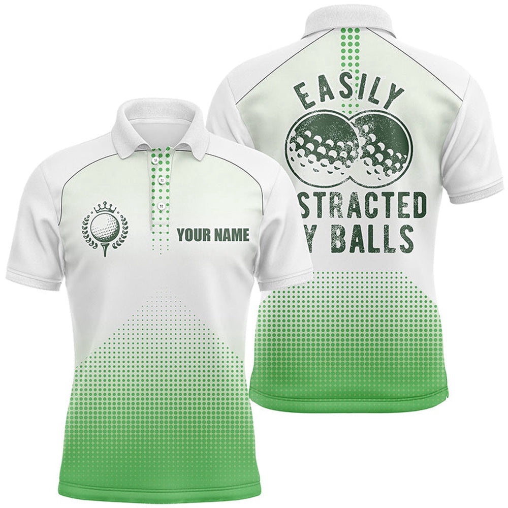 White And Green Men’s Golf Polo Shirts Custom Easily Distracted By Balls Funny Golf Tops For Men’s, Golf Polo Shirt, Golf Shirts