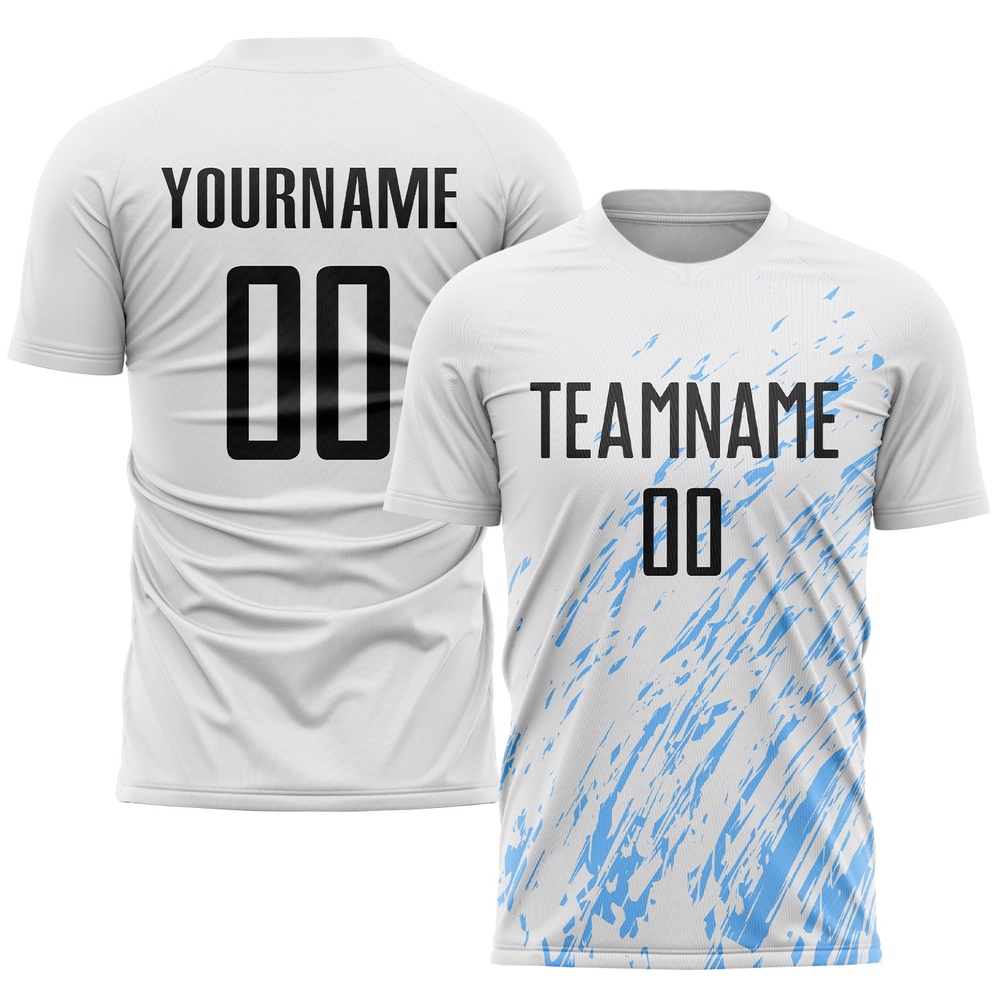 White Black Light Blue Sublimation Soccer Uniform Jersey, Custom Team Soccer Jersey Shirt