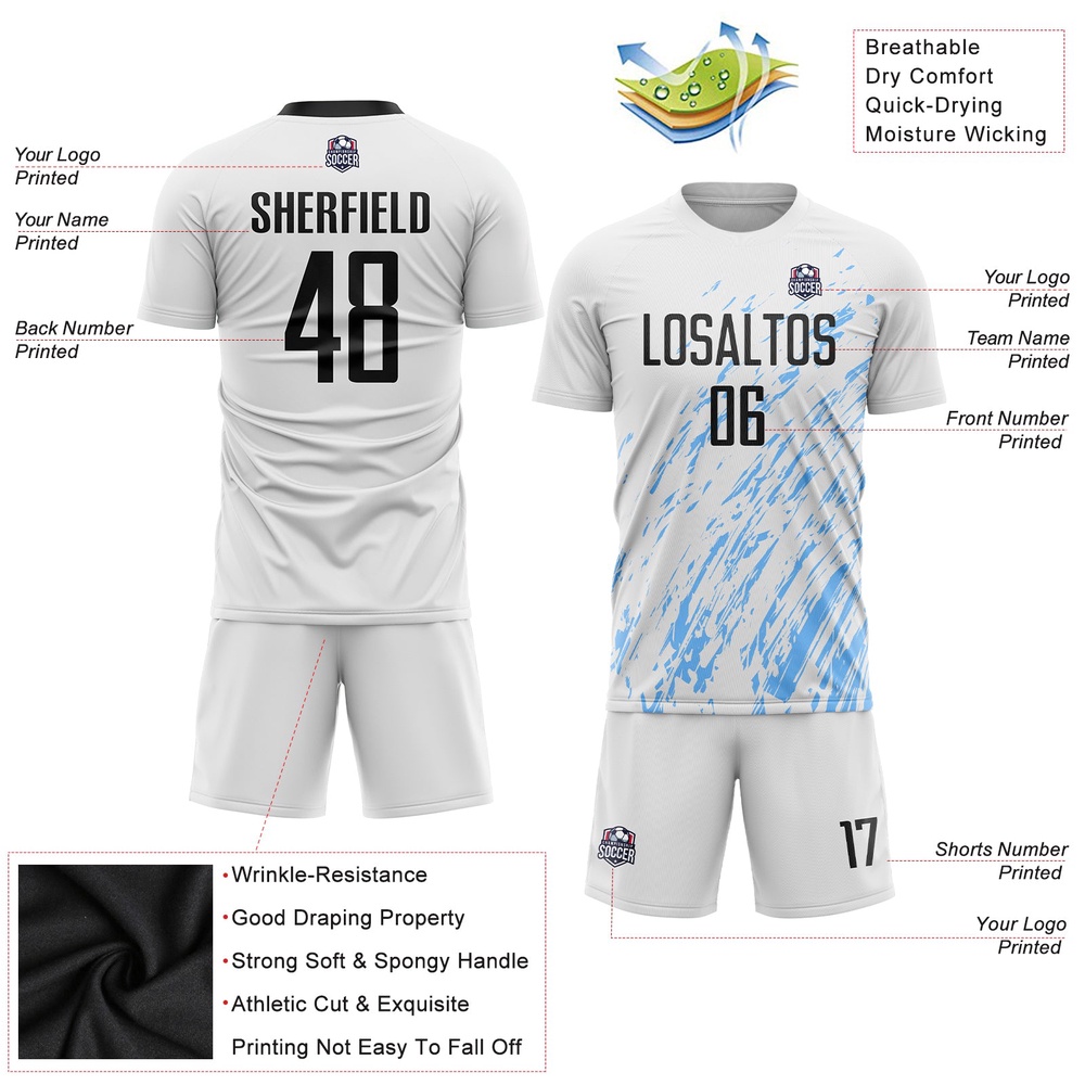 White Black Light Blue Sublimation Soccer Uniform Jersey, Custom Team Soccer Jersey Shirt