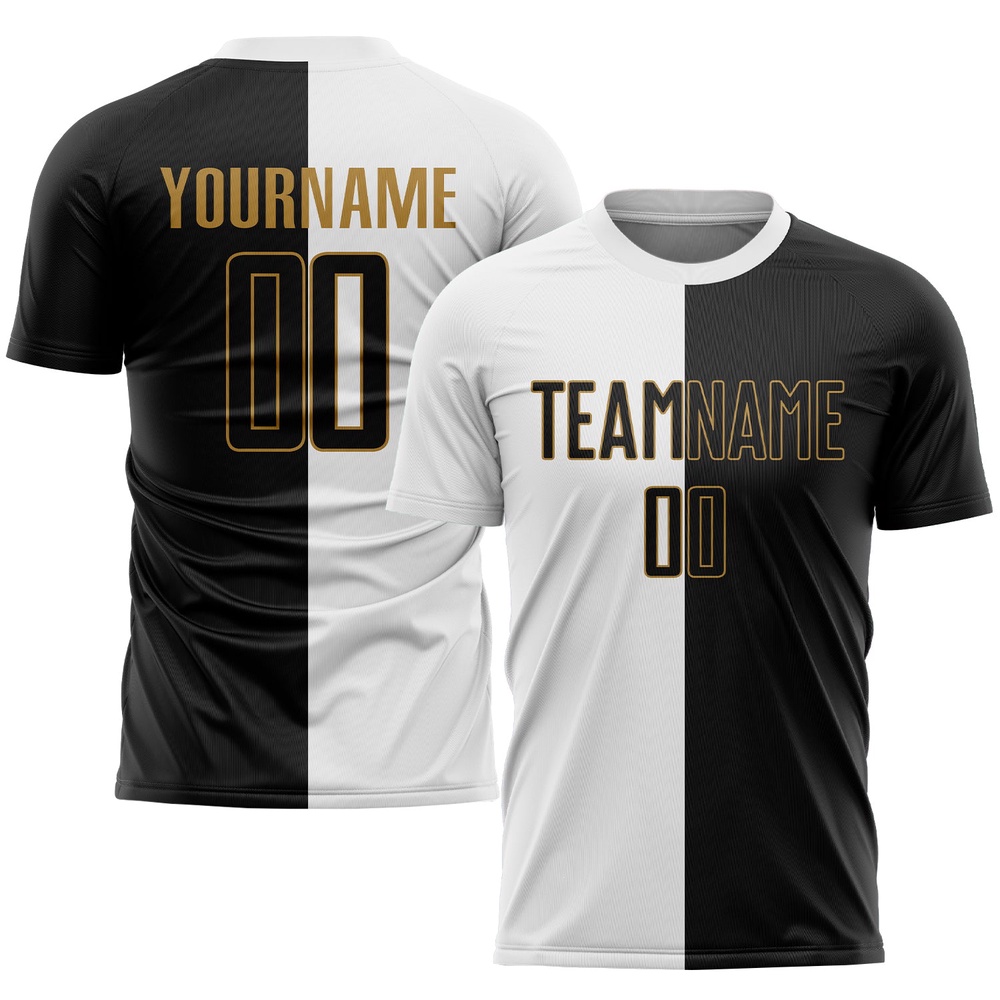 White Black Old Gold Sublimation Split Fashion Soccer Uniform Jersey, Custom Team Soccer Jersey Shirt