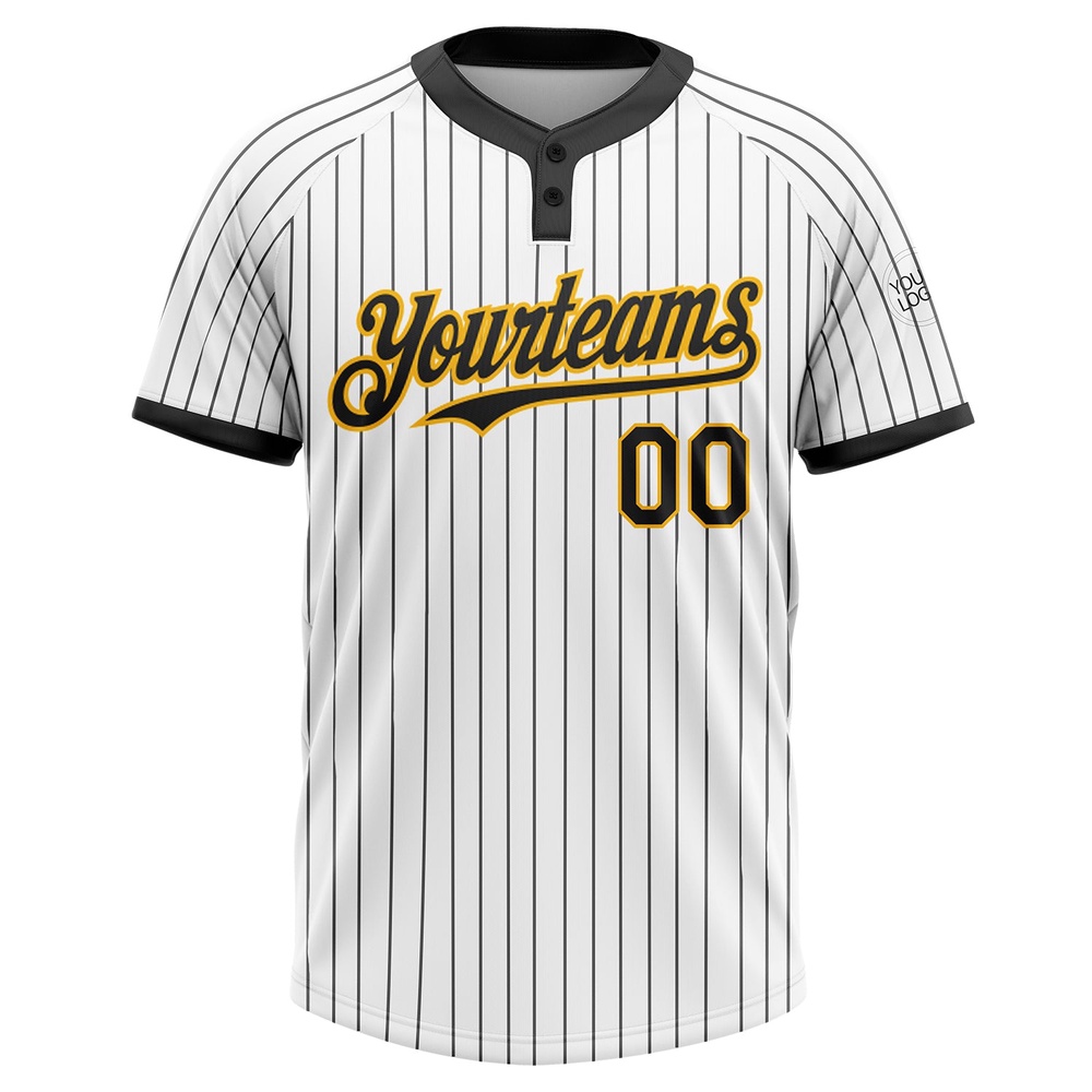 White Black Pinstripe Gold Two Button Unisex Softball Jersey, Custom Team Softball Jersey White Black Pinstripe Gold Two Button Unisex Softball Jersey, Custom Team Softball Jersey