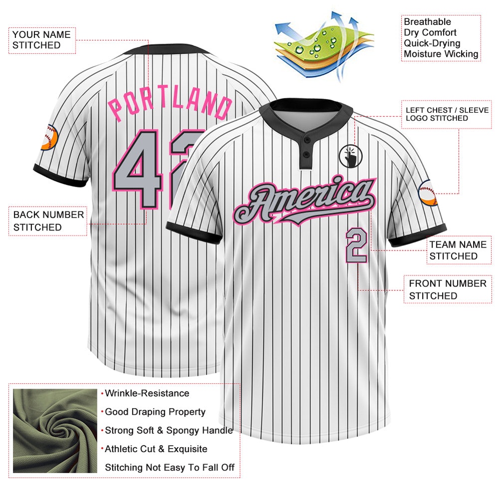 White Black Pinstripe Gray Pink Two Button Unisex Softball Jersey, Custom Team Softball Jersey