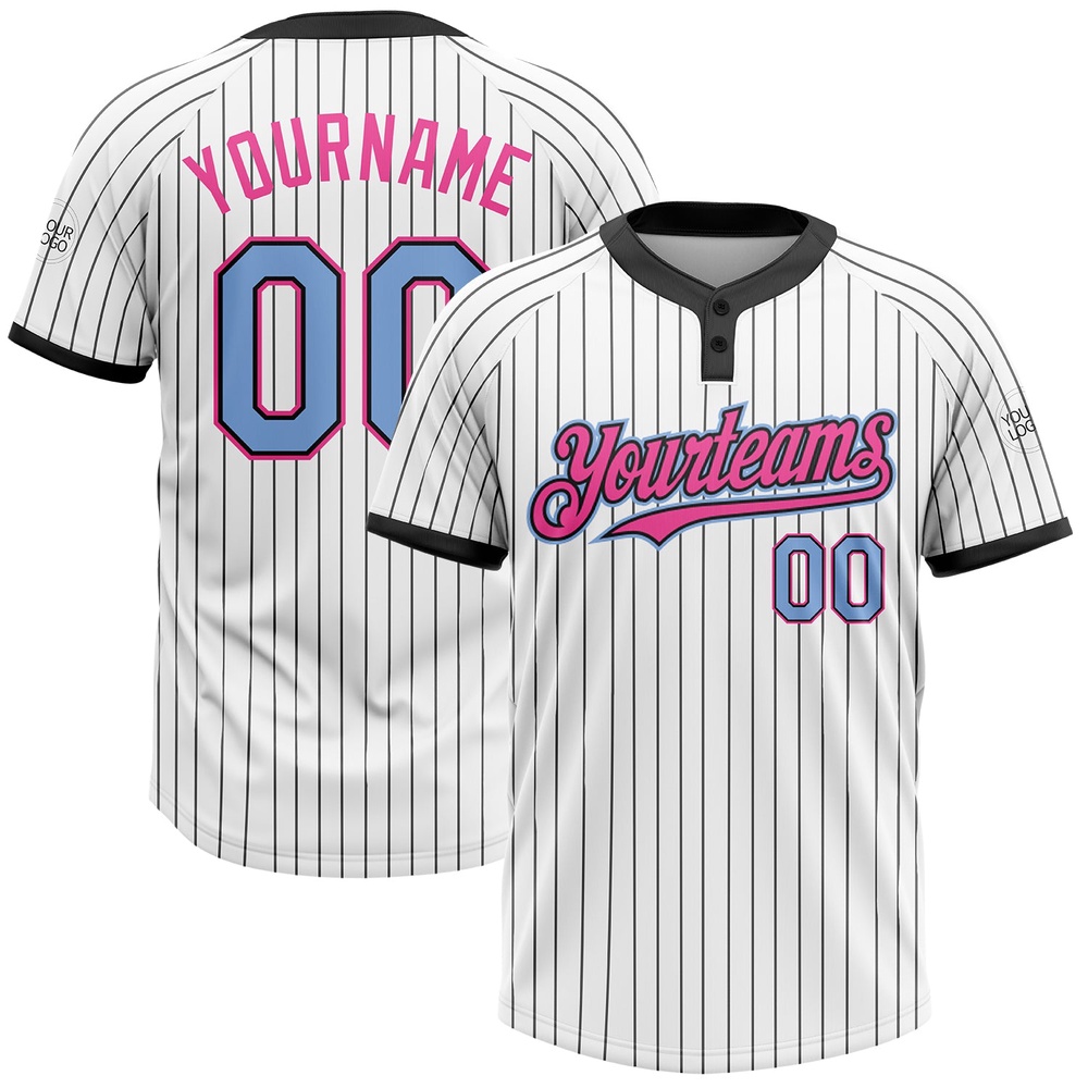 White Black Pinstripe Light Blue Pink Two Button Unisex Softball Jersey, Custom Team Softball Jersey White Black Pinstripe Light Blue Pink Two Button Unisex Softball Jersey, Custom Team Softball Jersey
