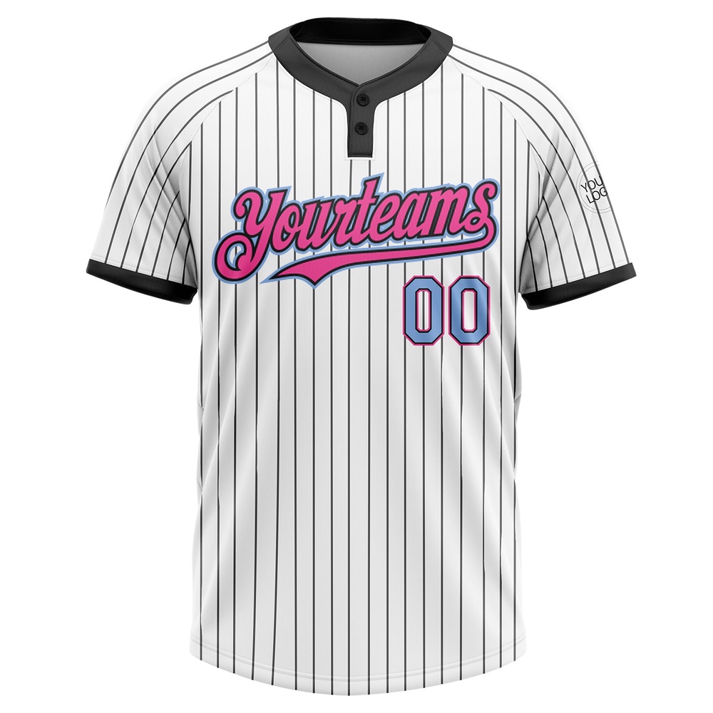 White Black Pinstripe Light Blue Pink Two Button Unisex Softball Jersey, Custom Team Softball Jersey White Black Pinstripe Light Blue Pink Two Button Unisex Softball Jersey, Custom Team Softball Jersey