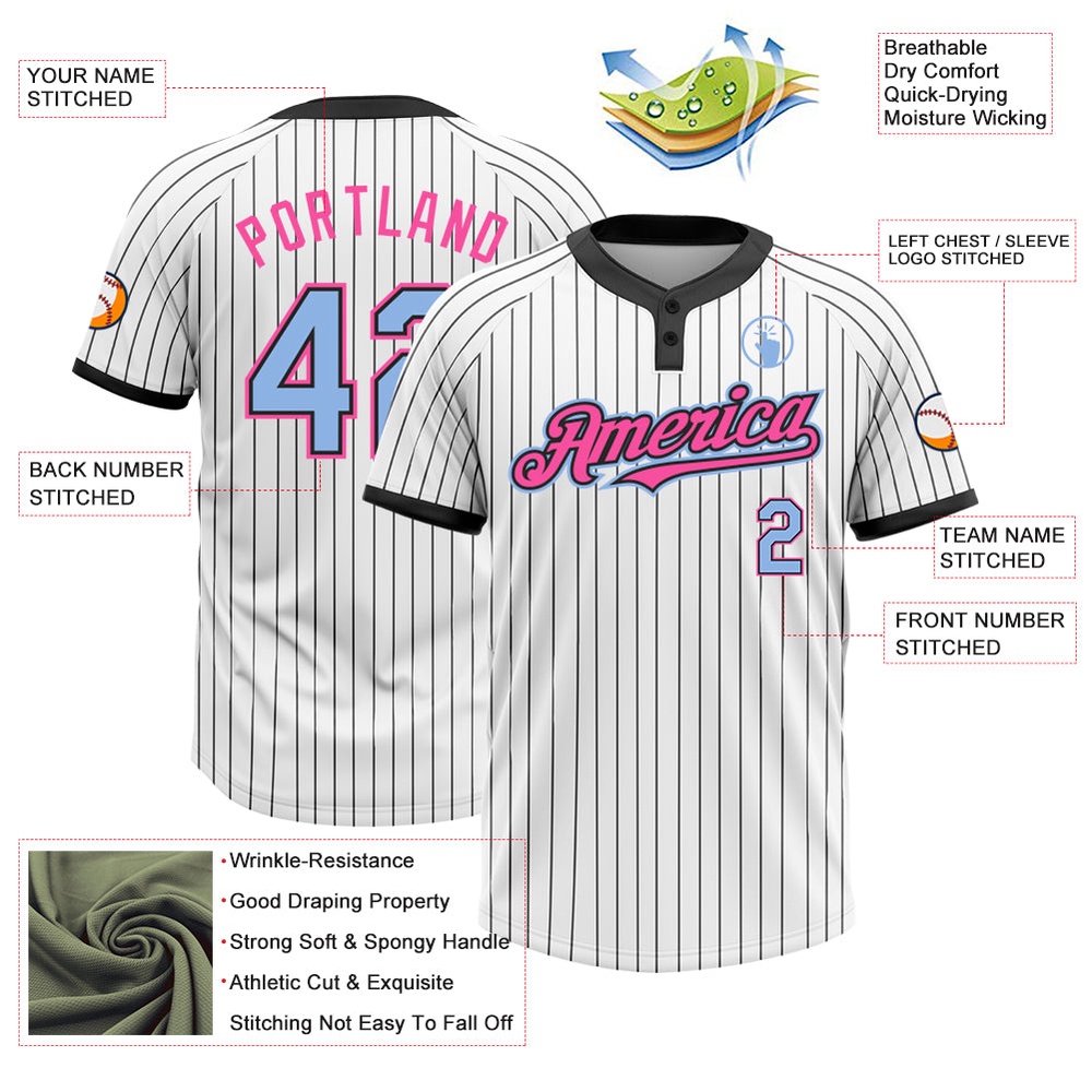 White Black Pinstripe Light Blue Pink Two Button Unisex Softball Jersey, Custom Team Softball Jersey White Black Pinstripe Light Blue Pink Two Button Unisex Softball Jersey, Custom Team Softball Jersey