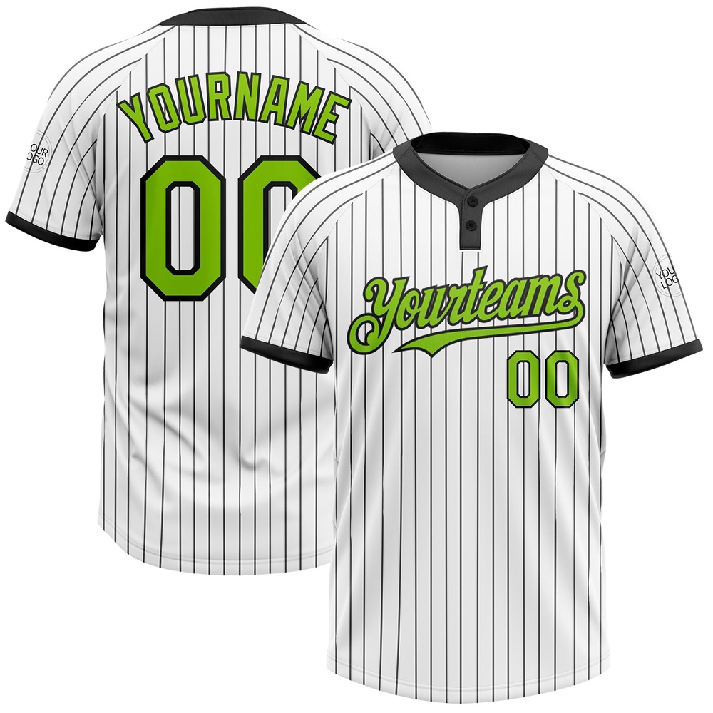 White Black Pinstripe Neon Green Two Button Unisex Softball Jersey, Custom Team Softball Jersey
