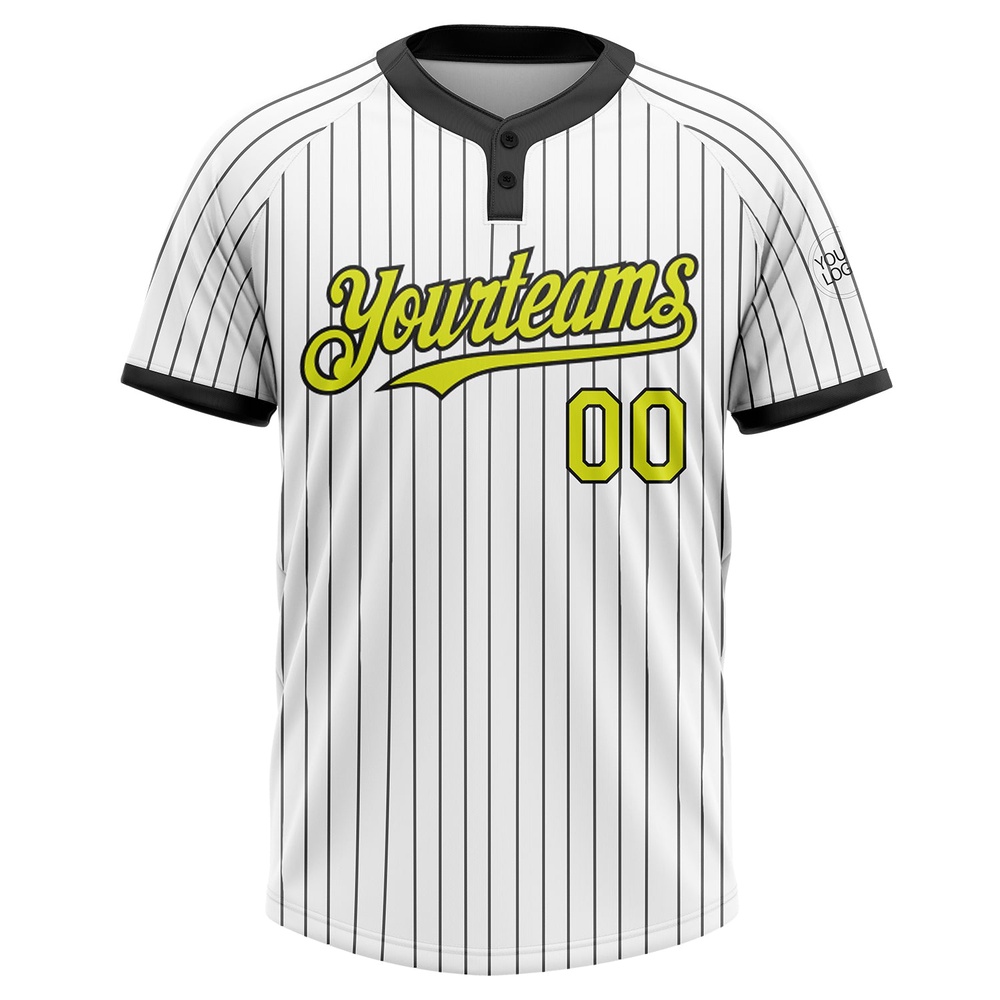 White Black Pinstripe Neon Yellow Two Button Unisex Softball Jersey, Custom Team Softball Jersey