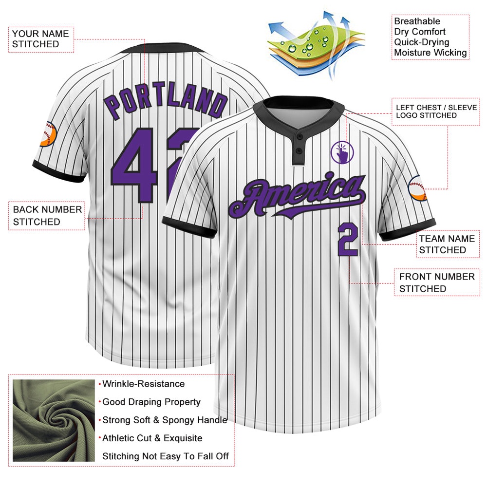 White Black Pinstripe Purple Two Button Unisex Softball Jersey, Custom Team Softball Jersey White Black Pinstripe Purple Two Button Unisex Softball Jersey, Custom Team Softball Jersey