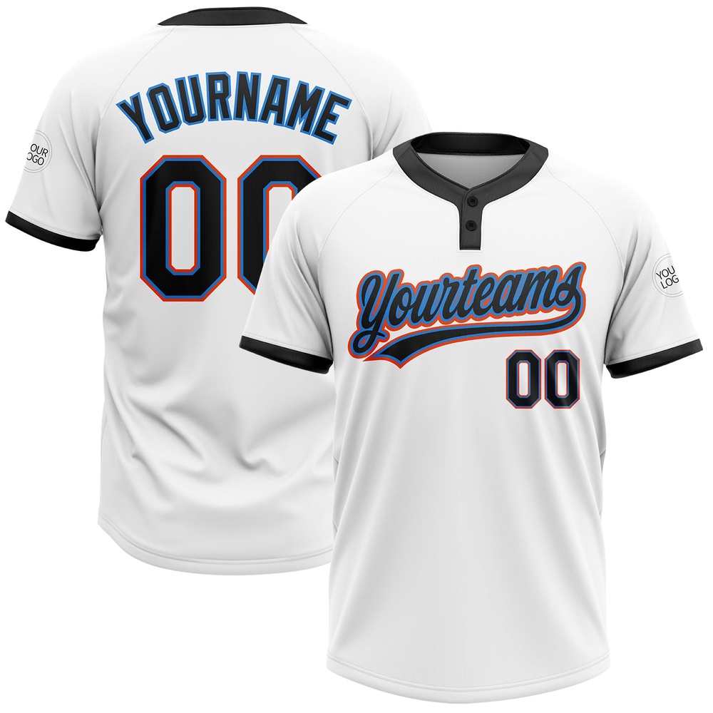 White Black Powder Blue Orange Two Button Unisex Softball Jersey, Custom Team Softball Jersey White Black Powder Blue Orange Two Button Unisex Softball Jersey, Custom Team Softball Jersey