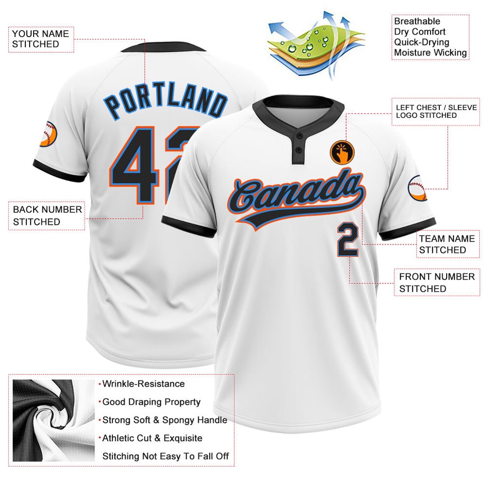 White Black Powder Blue Orange Two Button Unisex Softball Jersey, Custom Team Softball Jersey White Black Powder Blue Orange Two Button Unisex Softball Jersey, Custom Team Softball Jersey