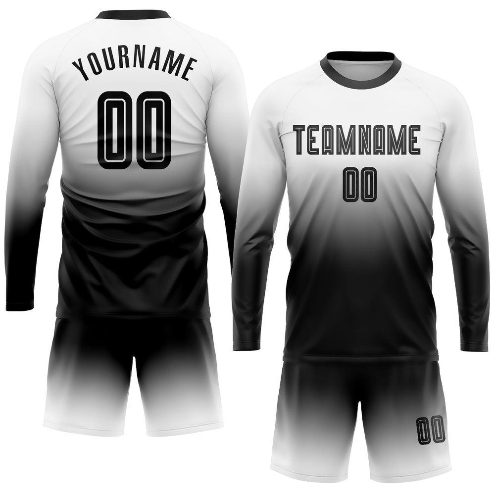 White Black Sublimation Long Sleeve Fade Fashion Soccer Uniform Jersey, Custom Team Soccer Jersey Shirt White Black Sublimation Long Sleeve Fade Fashion Soccer Uniform Jersey, Custom Team Soccer Jersey Shirt