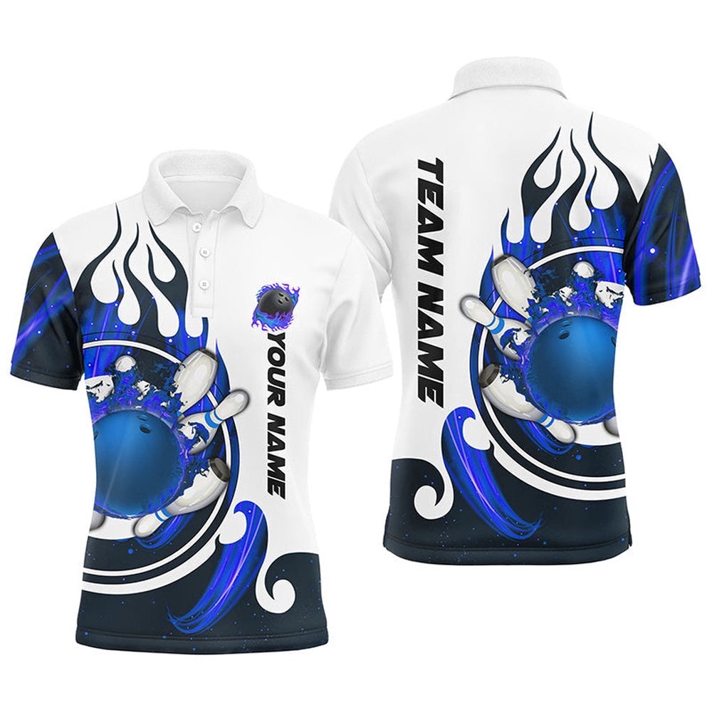 White Bowling Polo Shirt For Men Custom Blue Flame Bowling Ball And Pins Polo Shirt, Personalized Bowling Team Shirt