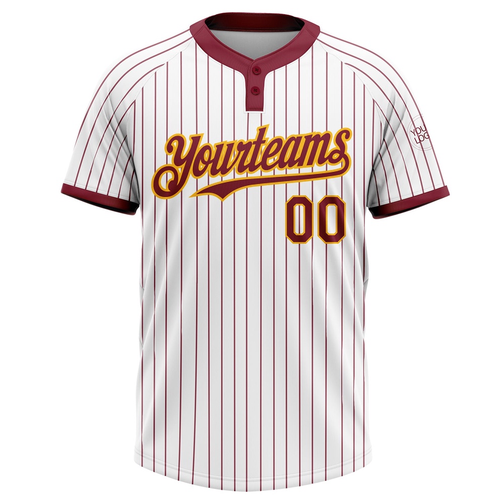 White Crimosn Pinstripe Gold Two Button Unisex Softball Jersey, Custom Team Softball Jersey