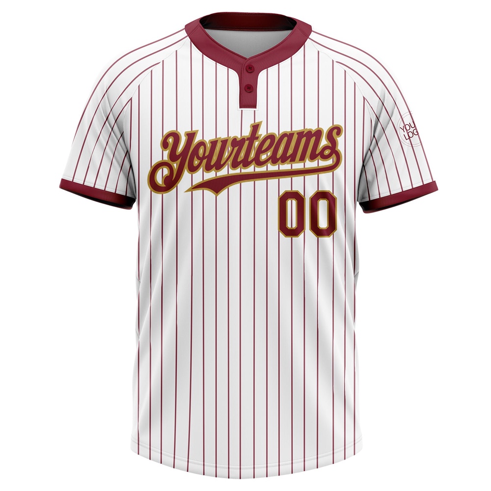White Crimosn Pinstripe Old Gold Two Button Unisex Softball Jersey, Custom Team Softball Jersey