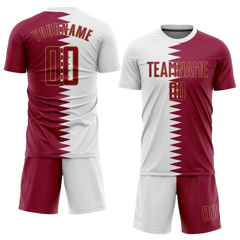 White Crimson Old Gold Sublimation Qatari Flag Soccer Uniform Jersey, Custom Team Soccer Jersey Shirt