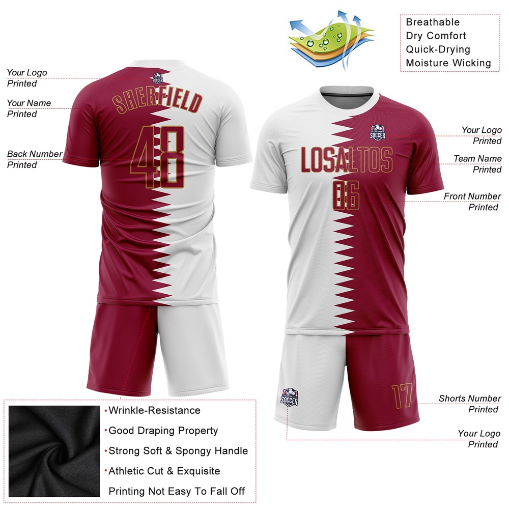 White Crimson Old Gold Sublimation Qatari Flag Soccer Uniform Jersey, Custom Team Soccer Jersey Shirt