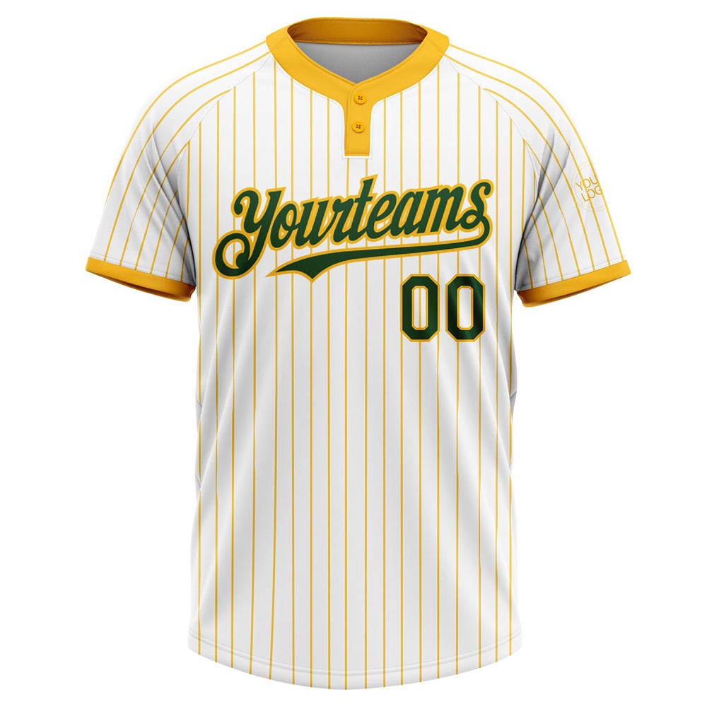 White Gold Pinstripe Green Two Button Unisex Softball Jersey, Custom Team Softball Jersey