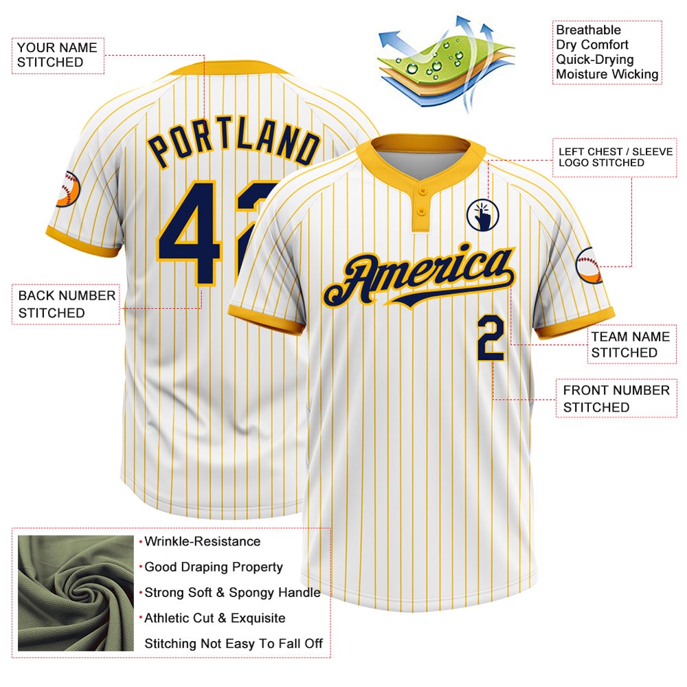 White Gold Pinstripe Navy Two Button Unisex Softball Jersey, Custom Team Softball Jersey