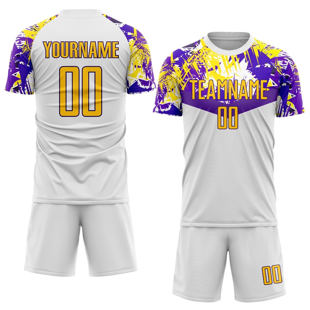 White Gold Purple Sublimation Soccer Uniform Jersey, Custom Team Soccer Jersey Shirt