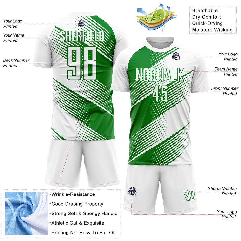 White Grass Green Line Sublimation Soccer Uniform Jersey, Custom Team Soccer Jersey Shirt