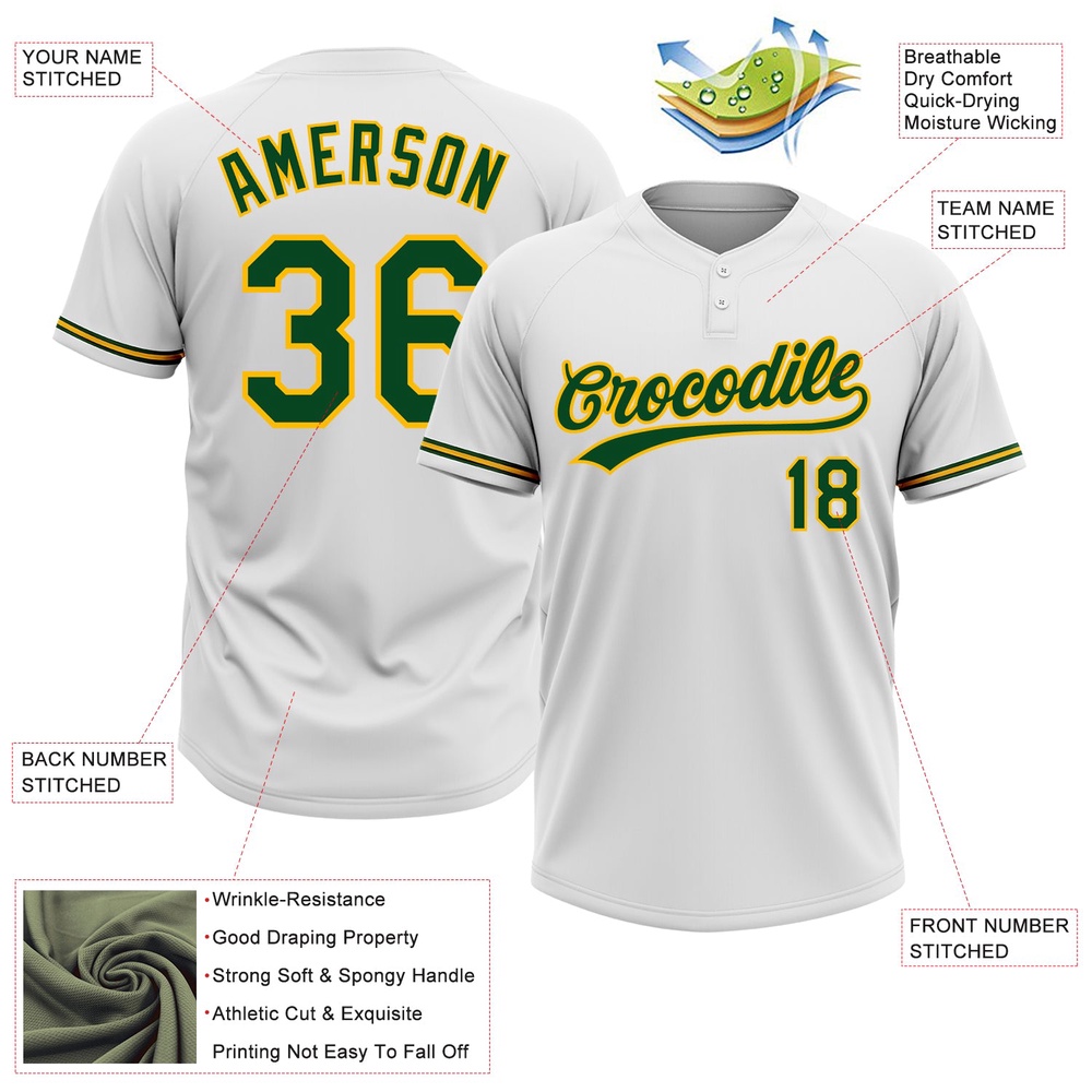 White Green Gold Two Button Unisex Softball Jersey, Custom Team Softball Jersey White Green Gold Two Button Unisex Softball Jersey, Custom Team Softball Jersey