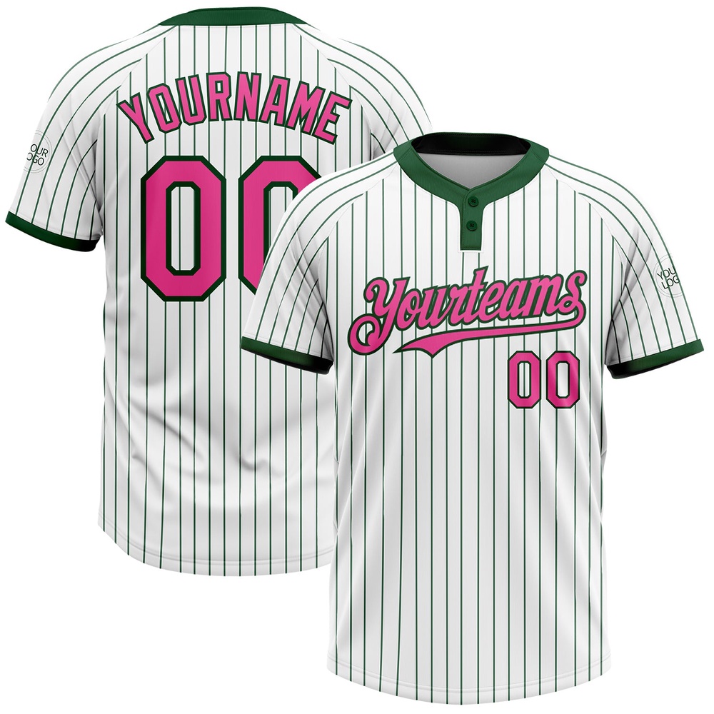 White Green Pinstripe Pink Two Button Unisex Softball Jersey, Custom Team Softball Jersey