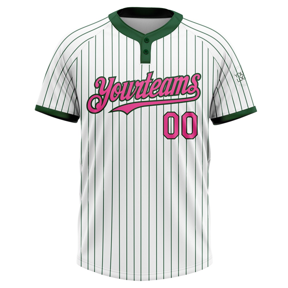 White Green Pinstripe Pink Two Button Unisex Softball Jersey, Custom Team Softball Jersey