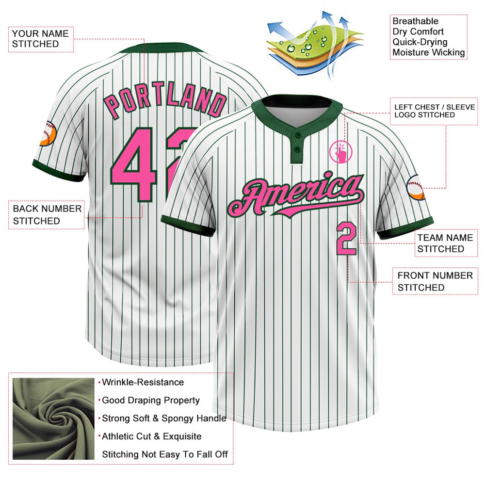 White Green Pinstripe Pink Two Button Unisex Softball Jersey, Custom Team Softball Jersey