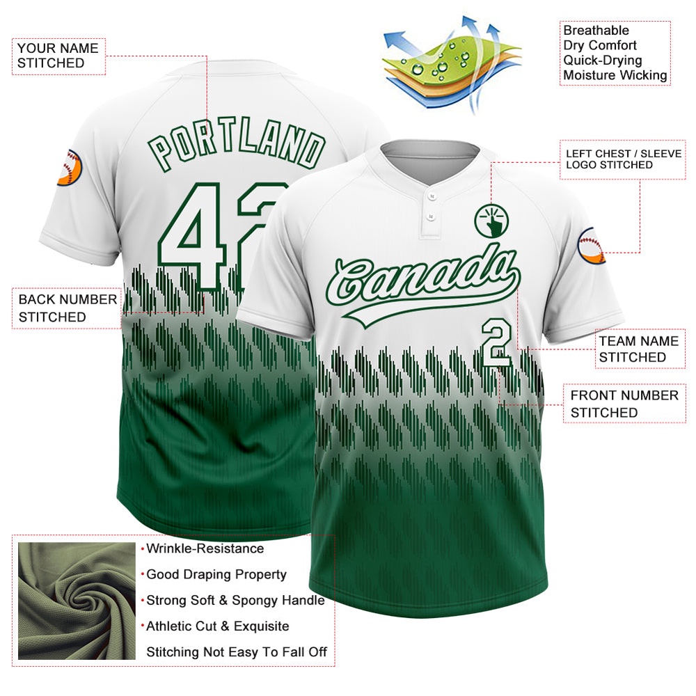 White Kelly Green 3D Pattern Lines Two Button Unisex Softball Jersey, Custom Team Softball Jersey