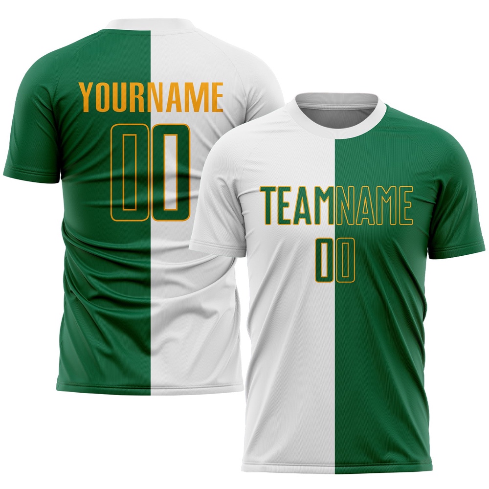 White Kelly Green Gold Sublimation Split Fashion Soccer Uniform Jersey, Custom Team Soccer Jersey Shirt White Kelly Green Gold Sublimation Split Fashion Soccer Uniform Jersey, Custom Team Soccer Jersey Shirt