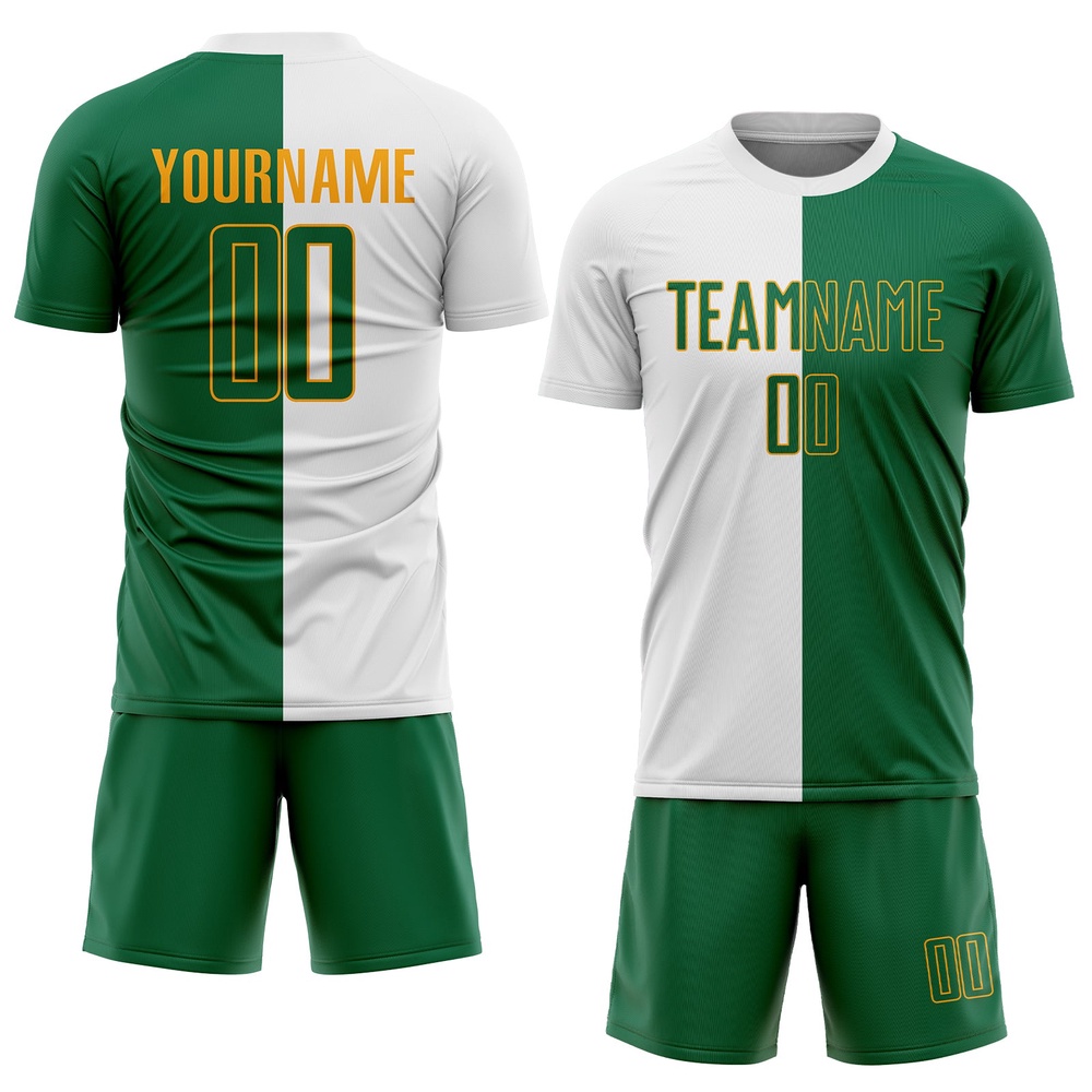 White Kelly Green Gold Sublimation Split Fashion Soccer Uniform Jersey, Custom Team Soccer Jersey Shirt White Kelly Green Gold Sublimation Split Fashion Soccer Uniform Jersey, Custom Team Soccer Jersey Shirt