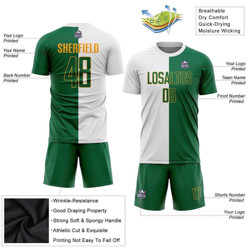 White Kelly Green Gold Sublimation Split Fashion Soccer Uniform Jersey, Custom Team Soccer Jersey Shirt White Kelly Green Gold Sublimation Split Fashion Soccer Uniform Jersey, Custom Team Soccer Jersey Shirt