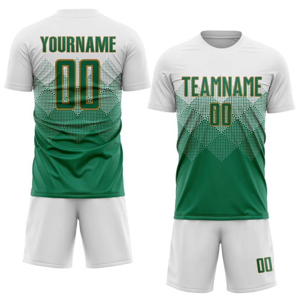 White Kelly Green Old Gold Sublimation Soccer Uniform Jersey, Custom Team Soccer Jersey Shirt