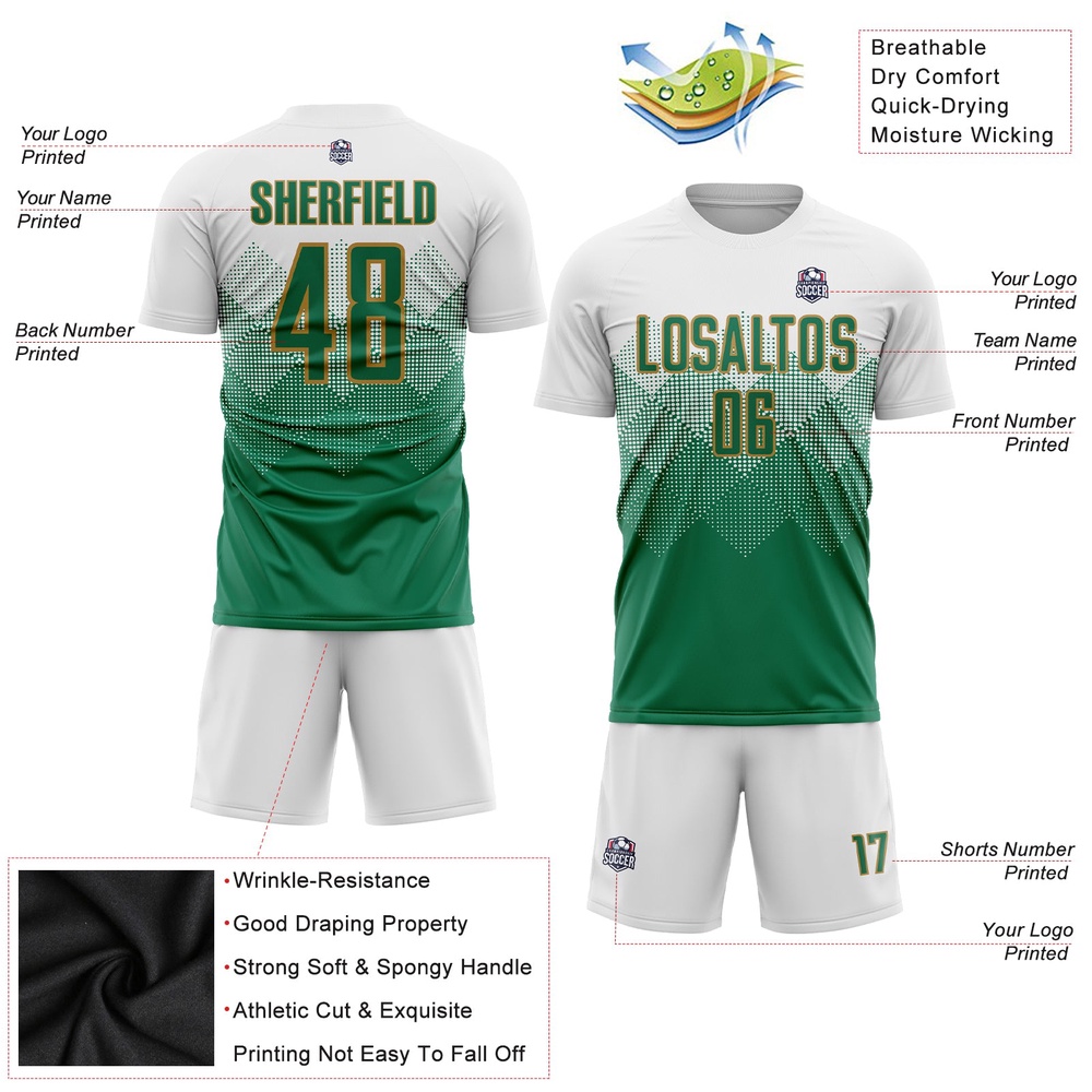 White Kelly Green Old Gold Sublimation Soccer Uniform Jersey, Custom Team Soccer Jersey Shirt