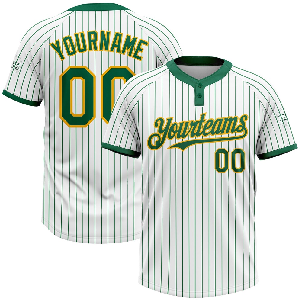 White Kelly Green Pinstripe Gold Two Button Unisex Softball Jersey, Custom Team Softball Jersey