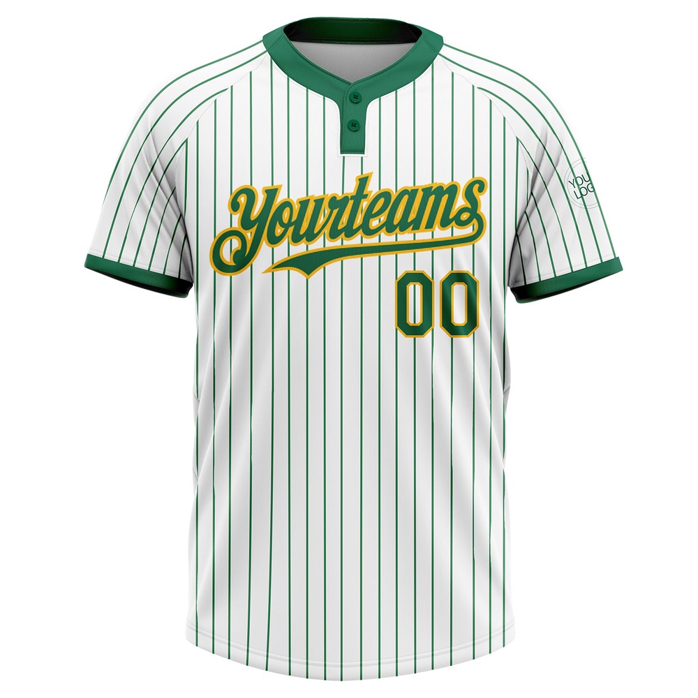 White Kelly Green Pinstripe Gold Two Button Unisex Softball Jersey, Custom Team Softball Jersey