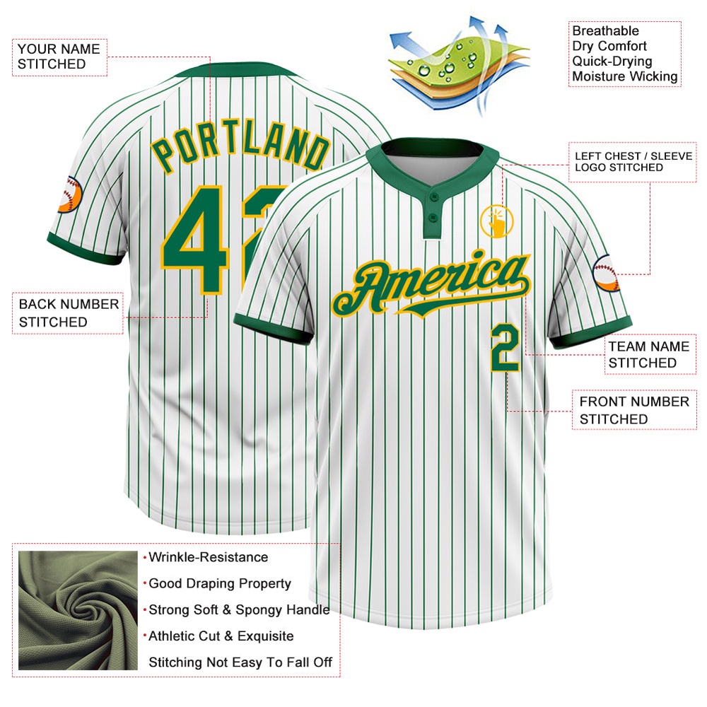 White Kelly Green Pinstripe Gold Two Button Unisex Softball Jersey, Custom Team Softball Jersey