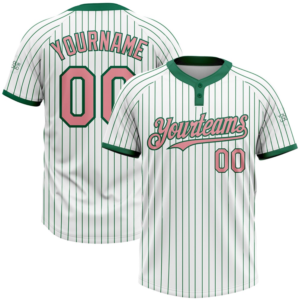 White Kelly Green Pinstripe Medium Pink Two Button Unisex Softball Jersey, Custom Team Softball Jersey