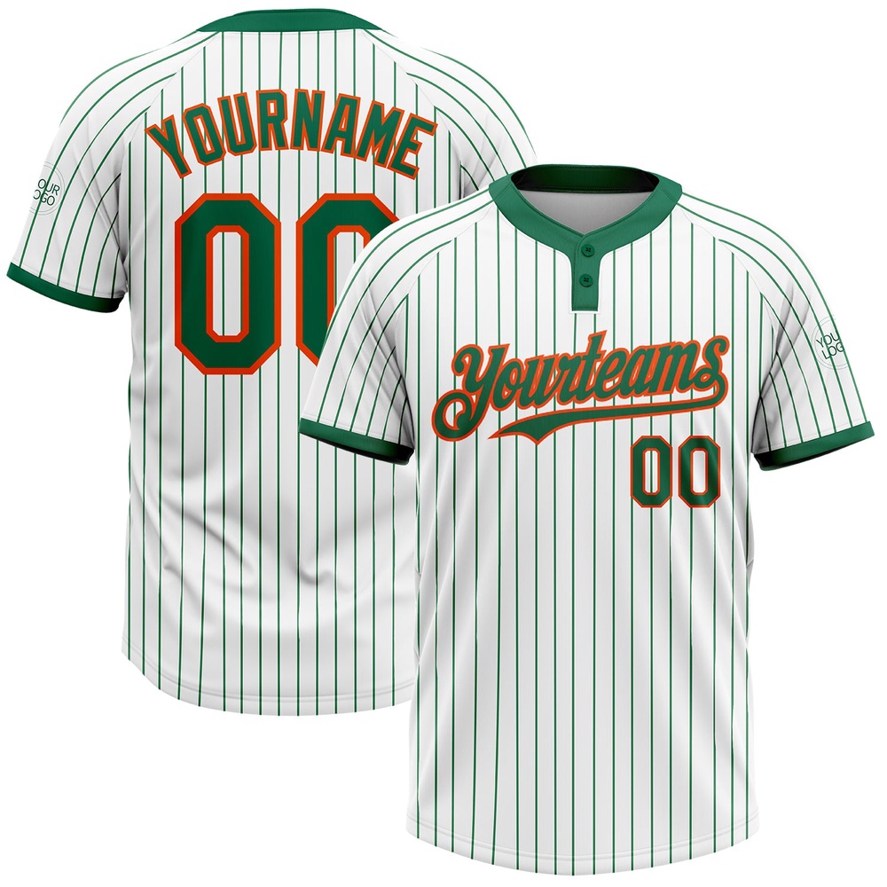 White Kelly Green Pinstripe Orange Two Button Unisex Softball Jersey, Custom Team Softball Jersey White Kelly Green Pinstripe Orange Two Button Unisex Softball Jersey, Custom Team Softball Jersey