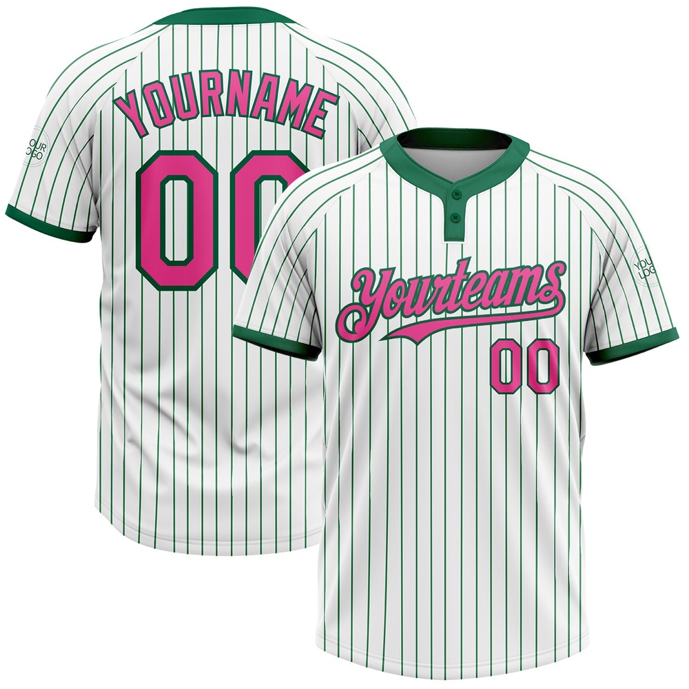 White Kelly Green Pinstripe Pink Two Button Unisex Softball Jersey, Custom Team Softball Jersey White Kelly Green Pinstripe Pink Two Button Unisex Softball Jersey, Custom Team Softball Jersey