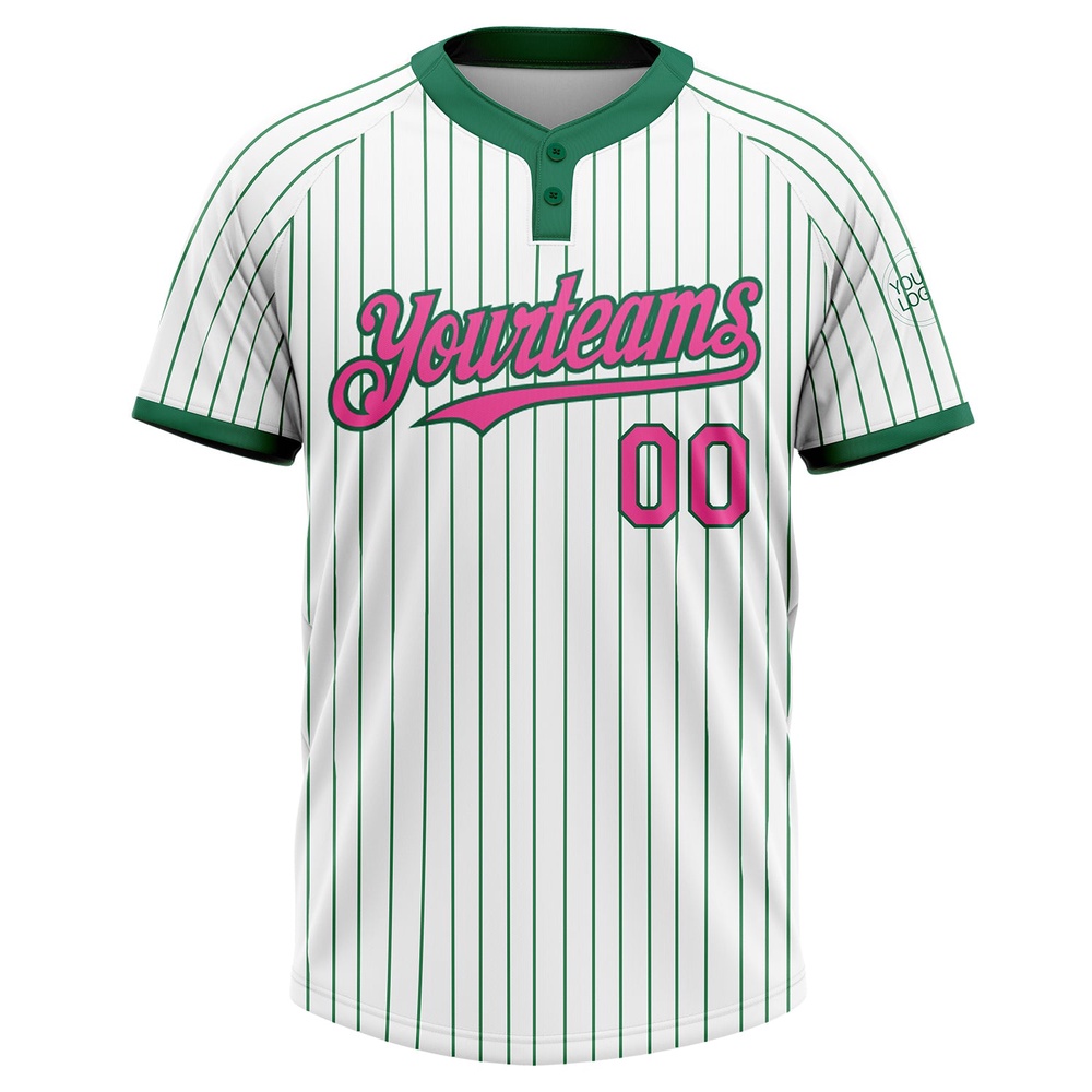 White Kelly Green Pinstripe Pink Two Button Unisex Softball Jersey, Custom Team Softball Jersey White Kelly Green Pinstripe Pink Two Button Unisex Softball Jersey, Custom Team Softball Jersey