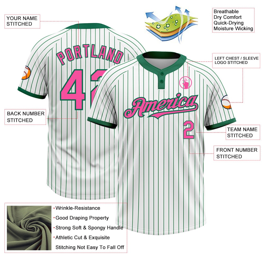 White Kelly Green Pinstripe Pink Two Button Unisex Softball Jersey, Custom Team Softball Jersey White Kelly Green Pinstripe Pink Two Button Unisex Softball Jersey, Custom Team Softball Jersey