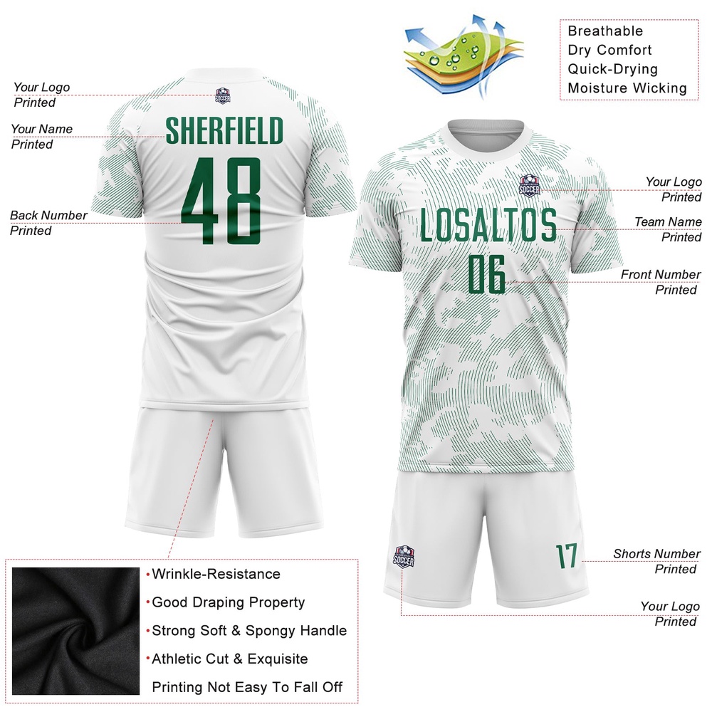 White Kelly Green Sublimation Soccer Uniform Jersey, Custom Team Soccer Jersey Shirt White Kelly Green Sublimation Soccer Uniform Jersey, Custom Team Soccer Jersey Shirt