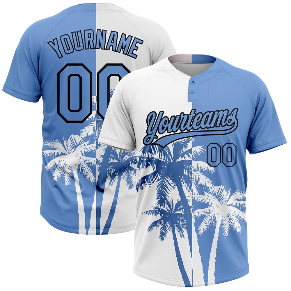 White Light Blue Black 3D Pattern Hawaii Coconut Trees Two Button Unisex Softball Jersey, Custom Team Softball Jersey White Light Blue Black 3D Pattern Hawaii Coconut Trees Two Button Unisex Softball Jersey, Custom Team Softball Jersey
